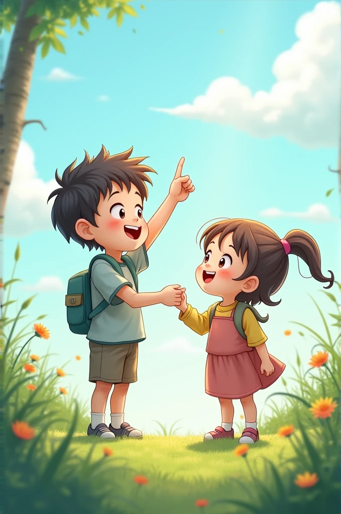 Two kids holding their hands and one pointing sun with finger