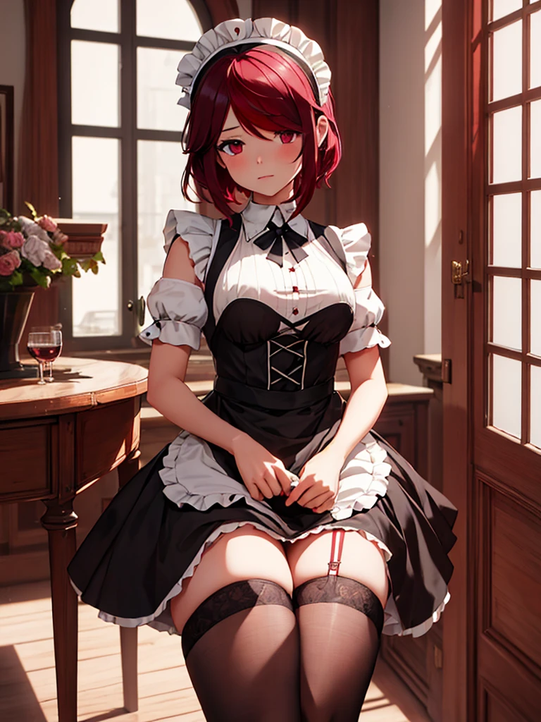 (Rosaria), 1girl, as a maid, wearing a maid outfit, at a home, dark red colour short hair, 8k, high detailed, high quality