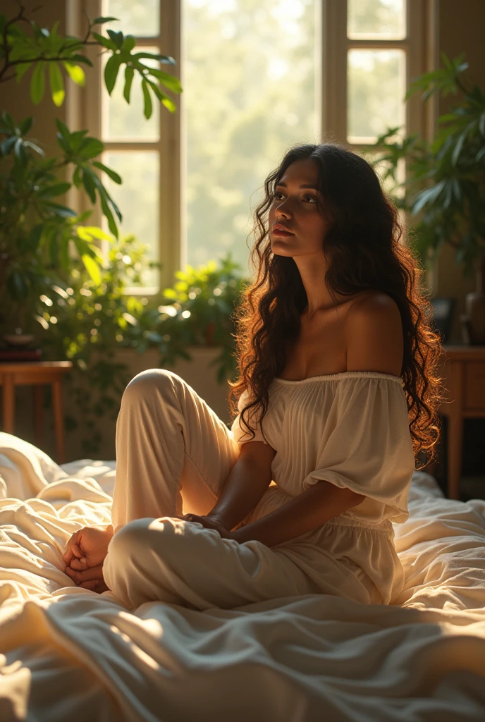 (photorealism:1.2), beautiful woman, sitting on bed, wearing loose off-shoulder top, pajama pants, long curly hair, indoors, soft lighting, plants in background, window with sunlight, cozy room, relaxed pose, realistic, intricate details, warm colors, by Greg Rutkowski, by Alphonse Mucha