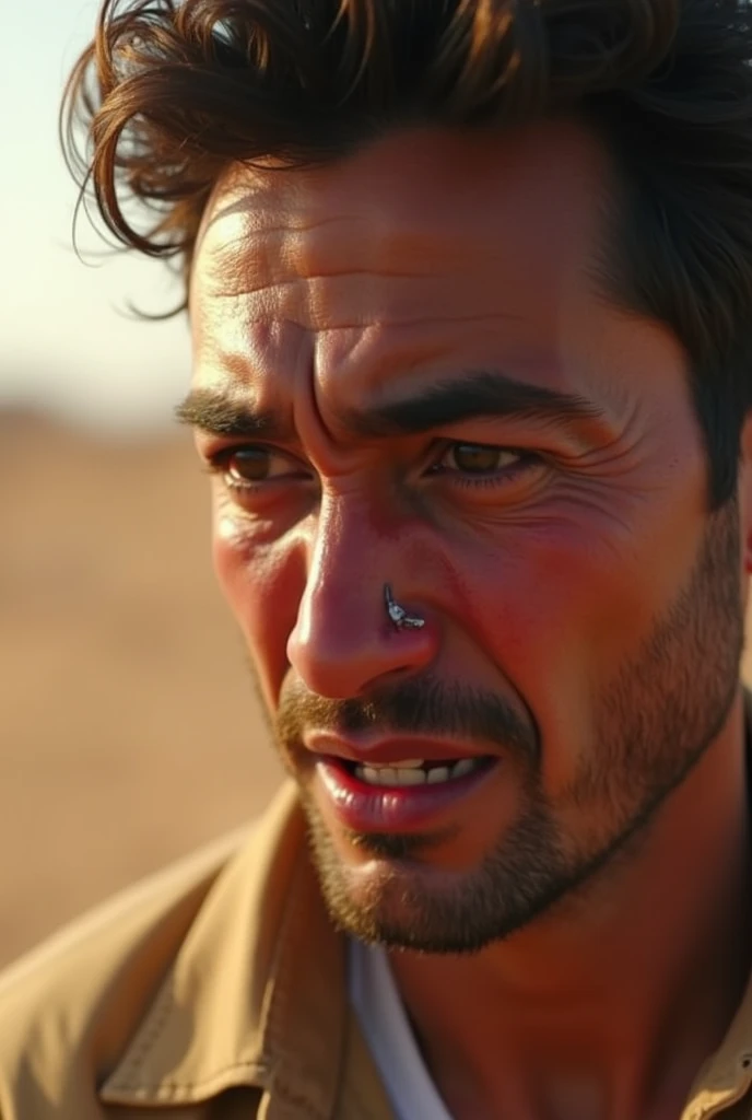 create a 3d ultra high resolution of a man crying and looking sad. Close up view, in the background a dry dessert.
