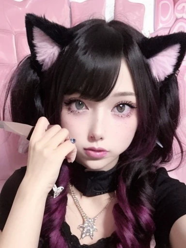 Create a highly detailed and realistic illustration of Catwoman (Cat girl). Characters should have large, expressive eyes，With a little anime style, The freckles on her cheeks, And soft makeup. Her hair should be a mix of dark purple and pink, Slightly messy but charming, Cat ears sticking out from the top. She should wear sexy spaghetti straps ，Wearing a rhinestone necklace. The overall style should combine reality and fantasy.