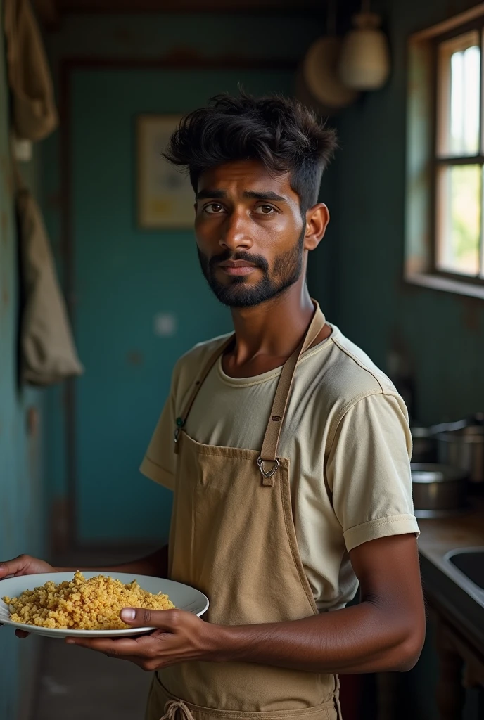 A indian young man waiter holding plate of meal he is standing in kitchen as well as he is poor. There is sadness flashing in her eyes in front of camera 
