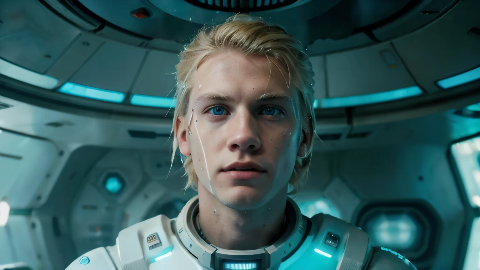 (raw, analogous thing), (brave sci-fi cyberpunk style), ((Close-up of a young slim white man with pale blue eyes and blond hair working inside a huge spaceship)), depth, Cables, pipeline, grime, industrial, ((film grain, ultra detailed skin, 8k hdr, DSLR,)) cinematographic, horror corporal, maximum detail, rtx, (elaborate royal lighting)