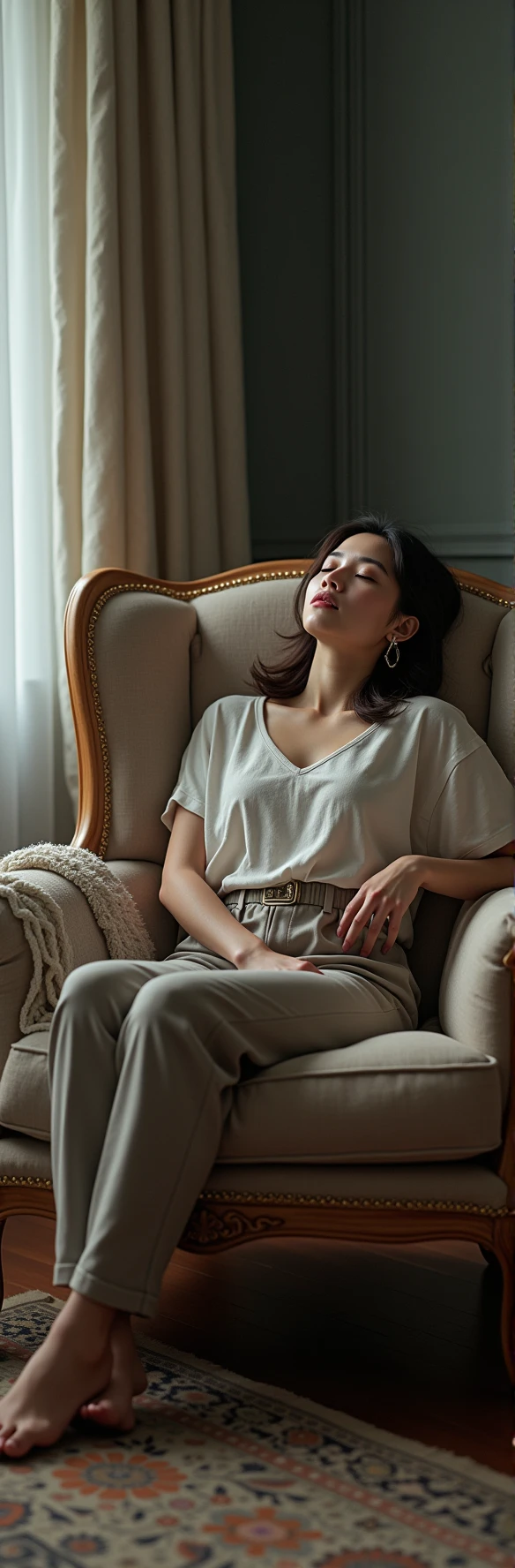 Transform this image as followed
1 **Posture Adjustment**:
- Change her posture from standing to seated in a sofa chair. Position her body to appear relaxed and slumped in the chair, with her head tilted slightly to one side as if passed out.
2 **Facial Expression**:
- Modify her facial expression to look unconscious or relaxed. Close her eyes, and slightly open her mouth to convey a calm, passed-out look.
3. **Clothing Adjustment**:
- Keep her outfit as is but adjust it to match the new seated posture. Ensure that the clothing appears naturally draped and folded as it would in a seated position.
4. **Barefoot Detail**:
- Remove her shoes and depict her feet as bare. Position her feet naturally on the chair, reflecting a relaxed posture.
5. **Sofa Chair Integration**:
- Place Wanda Li in a sofa chair that is proportional to her size. Ensure she is positioned naturally within the chair. Add appropriate shadows and lighting to make the chair and Wanda Li blend seamlessly.
6. **Lighting and Shadows**:
- Adjust the lighting and shadows to match her new position in the chair, ensuring alignment with the original image’s light source.
7. **Background Matching**:
- If applicable, blend the new sofa chair scene with the original background. Ensure that the background lighting, perspective, and environment remain consistent.
8. **Final Adjustments**:
- Smooth out any rough edges and ensure color tones are consistent. The final image should present a natural and coherent scene with Wanda Li appearing passed out on the sofa chair.
9.. **Review**:
- Review the final image to ensure that all elements (posture, clothing, barefoot detail, chair) look natural and realistic. Make any necessary refinements for realism.
---
This prompt should guide