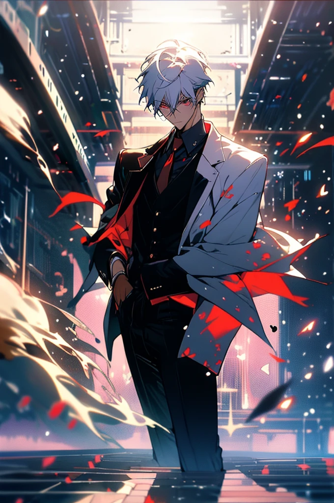 Chico, Alone, standing, intimidating pose, Whole body, a photo of a man in his twenties, shiny black suit, White hair, Red eyes, meeting room, businesspeople, Big windows, soft colors