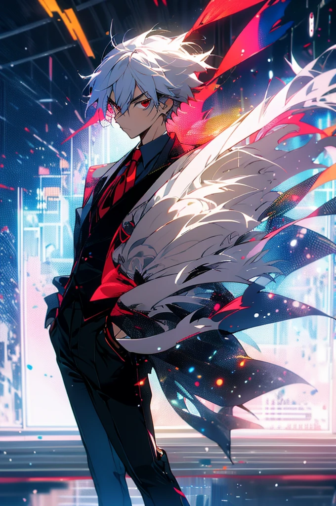 Chico, Alone, standing, intimidating pose, Whole body, a photo of a man in his twenties, shiny black suit, White hair, Red eyes, meeting room, businesspeople, Big windows, soft colors