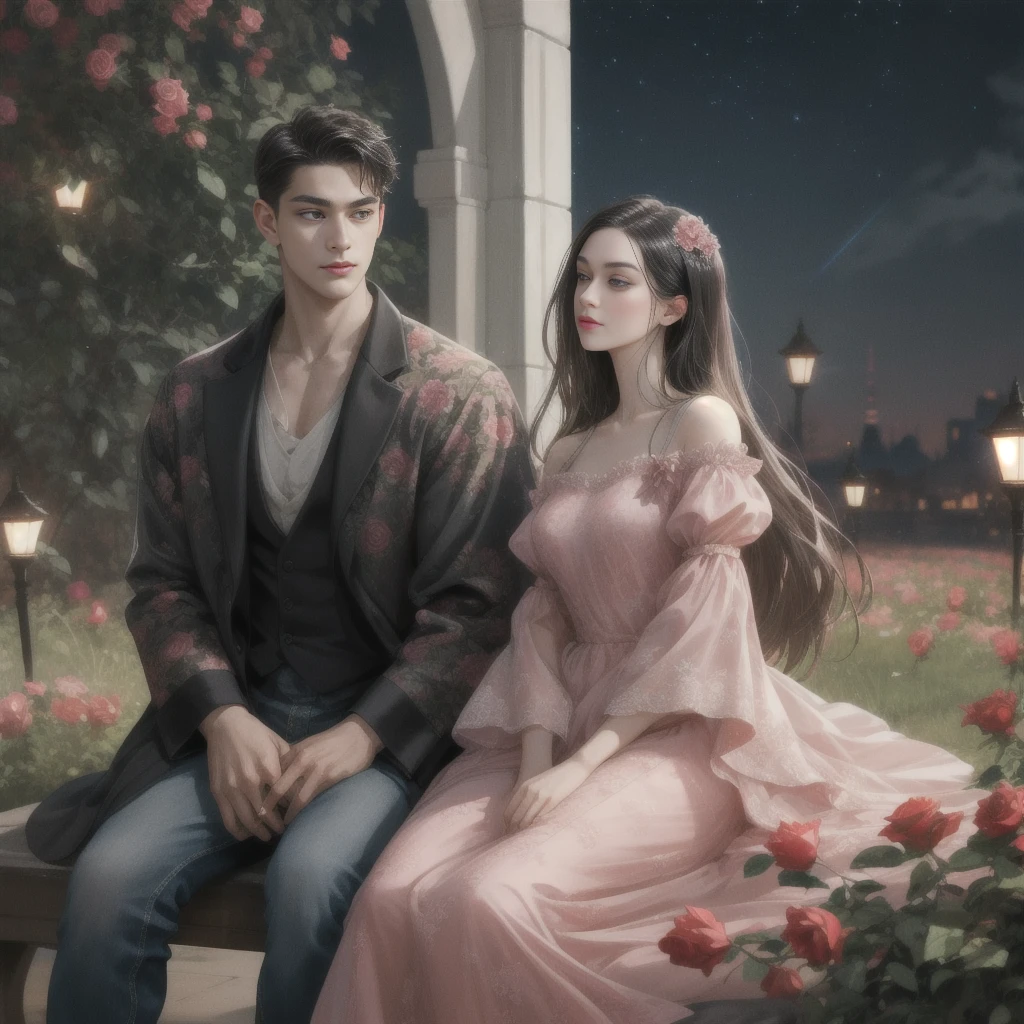 Happy couple, 1 girl 1 boy, Different hair color, Extraordinarily detailed face, Long black bangs and brown eyes. A young woman with long hair, a hair clip, a hair pin.,, A man with black hair, an open forehead, and dark grey eyes.,, Face to face, 35 years old, , (Young woman in a pink floral dress), (Young man in jeans ), The light is dim.,, The boy is tall, has broad shoulders, a sharp face, and fierce eyes., Height difference , Background, night, grassland, lights, sitting, summer, desert, Pink clouds, A land full of roses, Art Station Display, Ultra Wide Lens, high definition,
