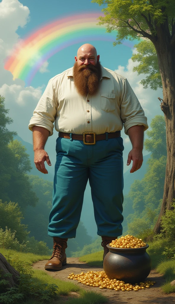 a forest in the background next to a rainbow in the sky and a giant with a white shirt and long blue pants without a hat but with a beard taking a pot of gold from a small sleeping leprechaun