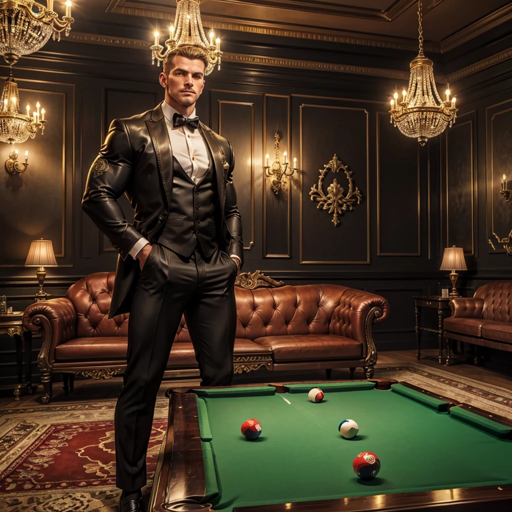 Masterpiece, 8k, ultra-high resolution, best quality, ultra detailed, hyper-realistic, razor-sharp clarity, crystal-clear focus, perfect size of all image elements, precise proportions, harmonious composition, intricate textures, vivid colors, high contrast, A muscular man with an elongated face, bodybuilder, pale skin, white skin, handsome, very tall (he is approximately 6 feet 5 inches tall), very muscular, shaved head. Under the clothes hides a bodybuilder with a lot of strengthened muscles; large pectorals, large biceps, well-defined abs, huge trapezius, very large muscles, and the rest of the body with very defined muscles. A muscular, fair-skinned man is confidently playing billiards alone in an opulent billiard room. He is wearing a fitted black dress shirt with the sleeves rolled up, tailored dark grey trousers, and polished black leather shoes. The shirt is slightly unbuttoned at the collar, revealing a hint of his muscular chest, exuding both elegance and strength.
The billiard room is the epitome of luxury, with rich mahogany wood paneling covering the walls, accented by intricate carvings and gold trim. The floor is polished marble, with a large, plush Persian rug beneath the billiard table. The table itself is a masterpiece, crafted from dark wood with ornate legs and green felt that is impeccably maintained. Overhead, a grand chandelier with crystal accents casts a warm, golden light, creating a sophisticated and inviting atmosphere. Around the room, there are leather armchairs with brass studs, positioned strategically for spectators to watch the game. The walls are adorned with vintage artwork, and a small bar in the corner offers a selection of fine liquors and cigars. A dynamic play of lights enhances the scene: soft ambient lighting highlights the luxurious details of the room, while focused spotlights accentuate the green felt of the billiard table, creating a striking contrast between light and shadow. Gentle reflections and subtle glares add d