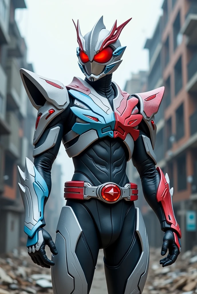 Create a Kamen Rider whose armor is based on an ice dragon and a fire phoenix with a red transformation belt with two small tubes on the side of the buckle.. With simple and minimalist style with a gray base, but with red and light blue details with a small dragon horn on the right side and a small phoenix wing on the left.