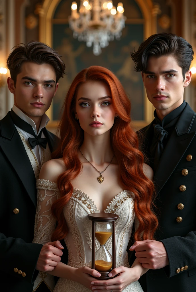 Olena: 20 years old with long reddish-brown hair and hazel eyes. Elegant, fantasy-inspired attire.
Segast: Young man with short brown hair and deep brown eyes. Royal, sophisticated clothing with a modern touch.
Eugan: Slightly older with intense black eyes and dark hair. Dark, elegant clothing suggesting mystery.
Background: Grand palace with magical and mysterious elements.
Lighting and Mood: Dramatic with high contrast to evoke romance and intrigue.
Composition: Olena in the center holding an hour glass, with Segast and Eugan(holding olean's hair )flanking her, showing tension and interaction.