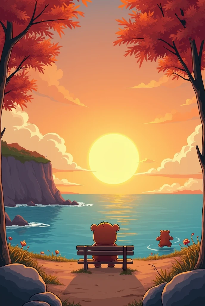 The picture shows a scenery in comic cartoon style. You can see a long cliff, below the reef with water. There is a bench in the middle of the picture, but a little away from the cliff - autumnal sunset - on the bench sits a little chibi bear and looks sadly at the sea.  -in the background another bear is running towards him 