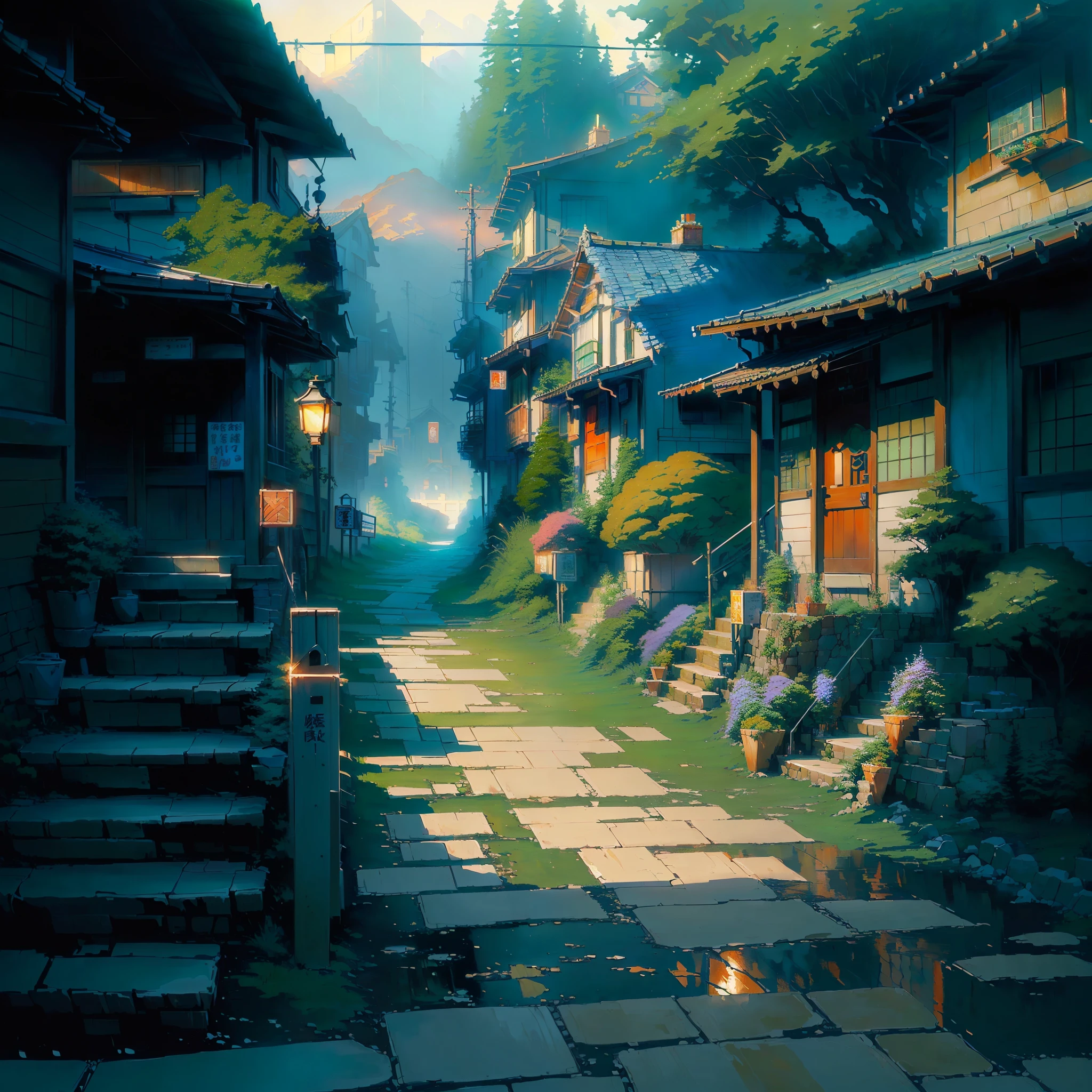 a painting of a street with a path leading to a house, andreas rocha style, ross tran. scenic background, anime background art, scenery artwork, anime. by makoto shinkai, by Makoto Shinkai, by makoto shinkai, tomas kinkade, japanese village, japanese street, (((thomas kinkade))), beautiful anime scene