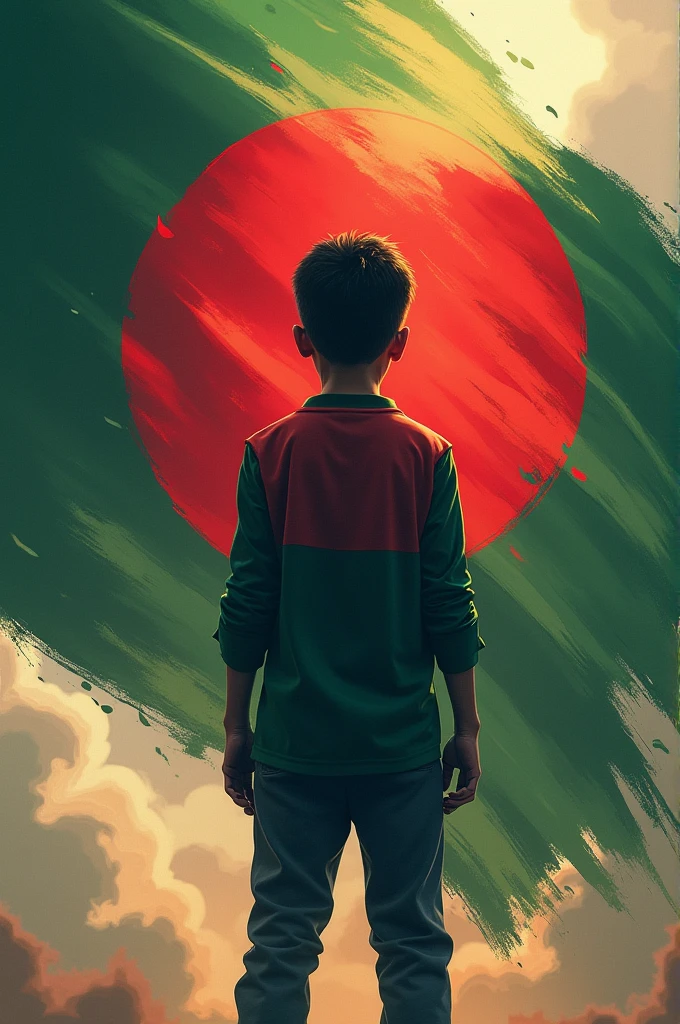 victory 2.0 of bangladesh,A strong boy celebrate,no face, cool color,with a bangladesh's flag of left,center of flag in kalima