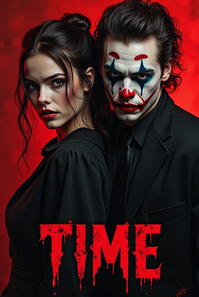 A cover for wattpad,Let it be inspired by a half-shady circus with a guy who looks like Cameron Monaghan and a pretty girl.,They look like psychopaths and there is blood and if possible they have some kind of weapon.,The story is called time, could you put the le with cool red and black letters?,that give vibes to the joker and that the cover does not say wattpad