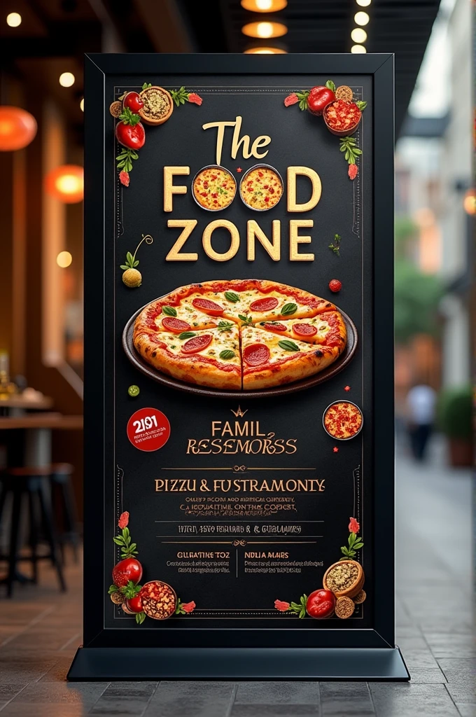 The main flex board design of size 22.5 by 4 with "the food zone" as main heading and family restaurant as subheading heading with pizza and Indian cuisine in dark theme in landscape mode