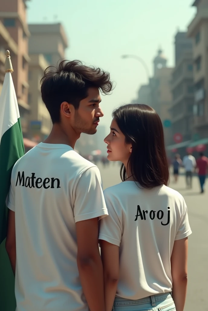 Generate a realistic 20 year old boy, wearing white T shirt and blue jeans and sneakers and the name "Mateen Ansari" and written on his shirt back side and boy is Standing on the road with holding Girlfriend and a national flag of Pakistan, and behind him is the Lahore. And Girlfriend name is "Arooj" written on sky"Shirt back side" create realistic image.