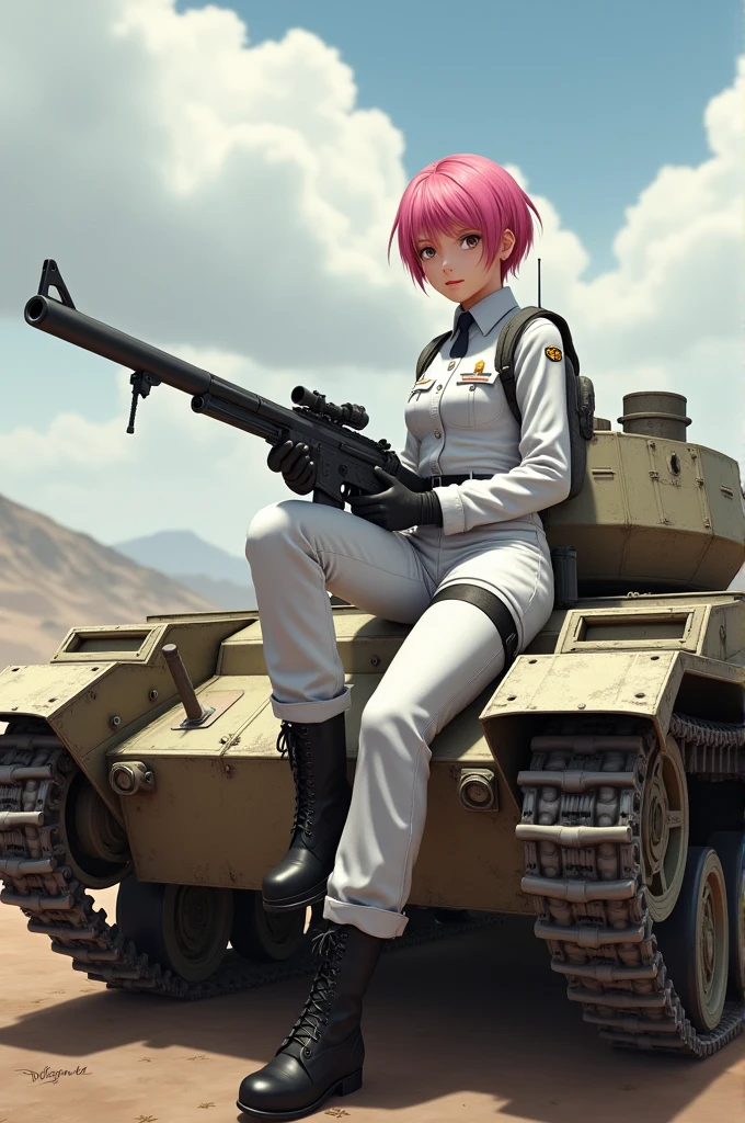 Short pink hair girl in white military outfit sitting on a tank holding a rifle pointing forward 