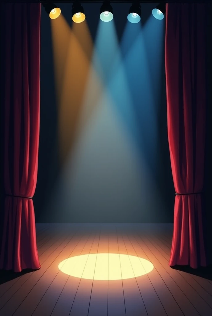 make the floor plan architectural style. of a light map for theater, with the following characteristics:
sidelights (Amber):
Position: Placed on the upper sides of the stage.
Farbe: mbar.
function: Illuminate the corners of the stage where the actors are positioned, creating a fill effect and highlighting these areas with a warm hue.
Pine Light (Pin Spotlight):
Position: Centered in the middle of the stage.
Farbe: Pink.
function: Main focus on center stage, directing attention to the center of the action. This type of light is typically used to highlight a specific point or character..
General Light (Wash Light):
Position: General coverage over the entire stage.
Farbe: cerulean.
function: Create soft ambient lighting, covering the entire stage with a bluish hue. This helps set the mood and unify the scene visually..
being that the equipment is:
Yellow Circle (Amber): sidelights (Fresnel ou PAR Can) - Lighting of the sides of the stage, creating a warm environment and highlighting the actors in the corners.
Círculo Pink (Pink): Pine Light (Ellipsoidal Reflector Spotlight - ERS ou Source Four) - Central focus on stage, highlighting the center of the action.
Círculo cerulean (Blue): General Light (Wash Light ou LED PAR) - General lighting that covers the entire stage, creating a smooth and uniform environment.