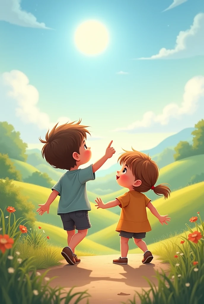 Two kids holding their hands walking and one pointing sun with finger