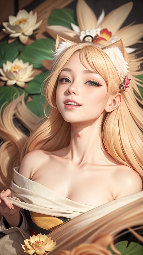 ((4k,masterpiece,best quality)), kirara genshin impact,Chinese painting, lotus, hanfu, maxiskit, dress open,old green kimono, swf 1girl, solo, long blondie hair,cat ears, smile, standing, feet in the water, barefoot,have 2 tails,