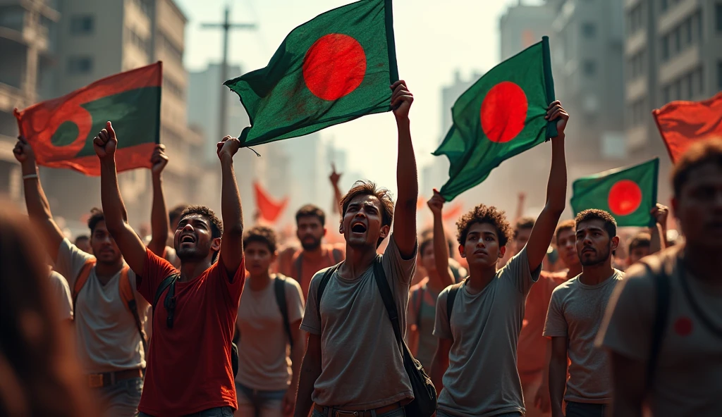 Create YouTube size image on Bangladesh crisis use killings justice banners Bangladeshi flag blood etc. Killing students. And write with style fon Bangladesh id diying