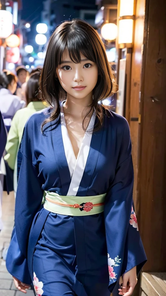 masterpiece, Highest quality,16K, Ultra-high resolution,The light and shadow of reality,Cinema Lenses,((Her waist is so slim and beautiful)),((High nose、Small Mouth)),((Clean and slim face line)),((Big dark eyes with long eyelashes)),((Very small face))((Very slim and beautiful arms)),((She is very thin and has a great figure)),((Pure white beautiful skin)),((Cute Japanese Girls)),(((Wearing a bright navy blue kimono、yukata))),((Walking the streets of Tokyo)),(Beautiful Eyes:1.1),Reflecting clear eyes and a gentle smile,