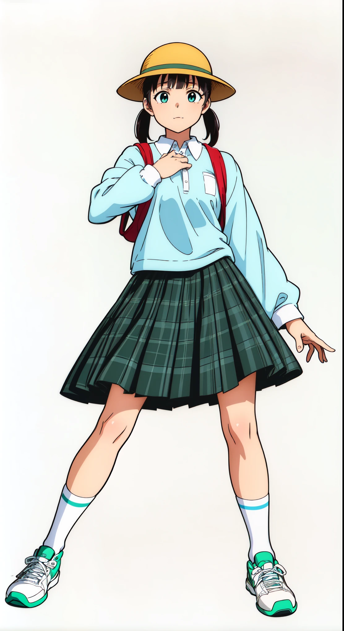 (white background:1.0), (best quality:1.0), (masterpiece:1.0), (super fine illustration:1.0), (beautiful artwork:1.0), (anime screencap:1.0), (official art:1.0), (full body:1.0), (solo:1.0), (a 11yo cute girl:1.0), (yellow hat:1.0), (red randoseru:1.0), (long skirt:1.0), (green tartan skirt:1.0), (pleated skirt:1.0), (aqua blue polo shirt:1.0), (long sleeve polo shirt:1.0), (name tag:1.0), (sneakers:1.0), (white socks:1.0), (ideal ratio body proportions:1.0), (lanky:1.0), (tall:1.0), (slender:1.0), (small breasts:1.0), (smaller face:1.0), (detailed beautiful eyes:1.0), (detailed beautiful face:1.0), (glowing black eyes:1.0), (short hair:1.0), (blunt bangs:1.0), (low twintails:1.0), (black hair:1.0), (standing:1.0), (looking at viewer:1.0)