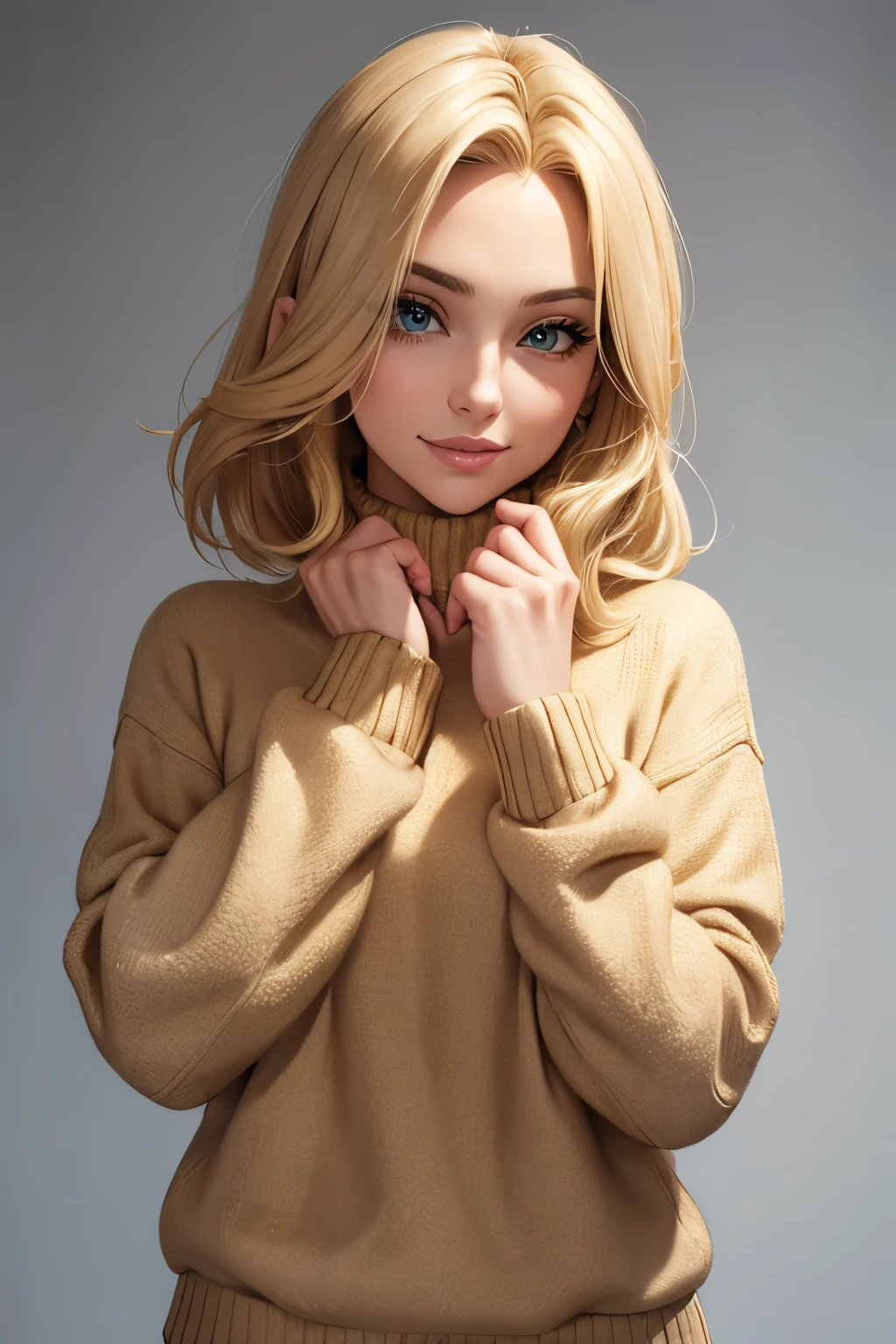 Portrait of a model woman with blond hair in a warm designer sweater, in the style of branded clothing, With the sweater in full view, Panasonic GH5, happy expressions, low key image, sharp texture - Image #2 @SlengSleng