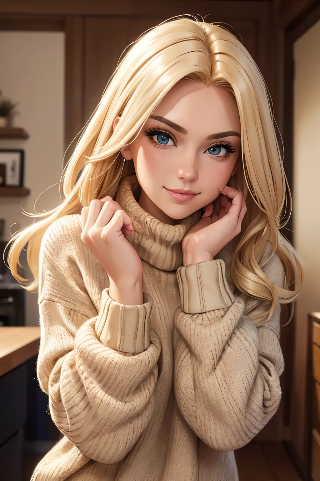 Portrait of a model woman with blond hair in a warm designer sweater, in the style of branded clothing, With the sweater in full view, Panasonic GH5, happy expressions, low key image, sharp texture - Image #2 @SlengSleng