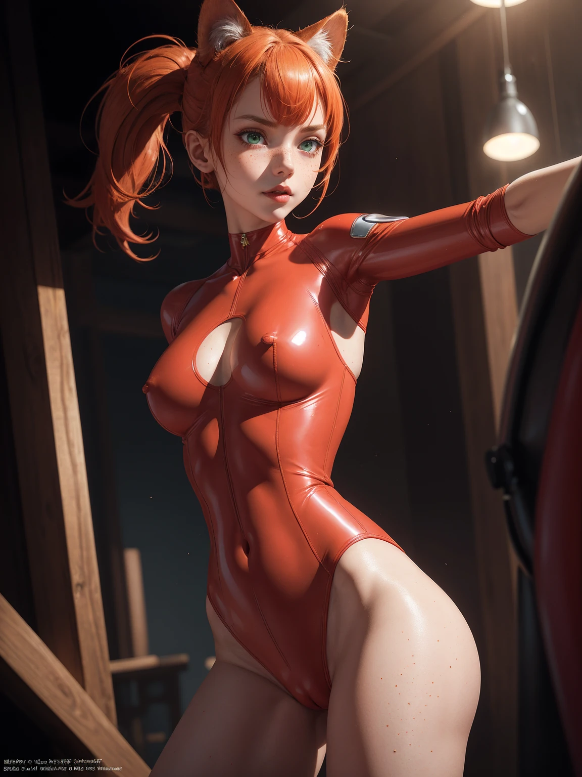 (whole body:1.5),octane rendering, 8K, best quality, masterpiece, illustration, extremely delicate and beautiful, detailed,extremely detailed,CG,Unite,wallpaper,Astonishing, fine details, realistic art: 1.2 ,masterpiece, best quality, official art, extremely detailed CG Unite 8K wallpaper,1 girl, , standing, in a fancy club, vaulted roof,,wearing red latex catsuit and cat ears and a cat tail, at night, skinny body, seductive facial expression,, wide open eyes, green eyes, orange hair with bangs, red lipstick, blushing,pretty symetrical face, shiny wet skin, oiled skin, white skin, lots of freckles, pale complexion, thin waist, narrow hips, long legs, skinny body, small breasts, , Realistic photos, (hiqcgbody) ,perfect female figure, posing gracefully, stretching