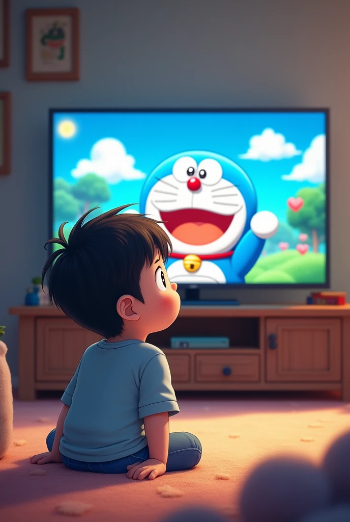 Create a kid image with tv watching doremon