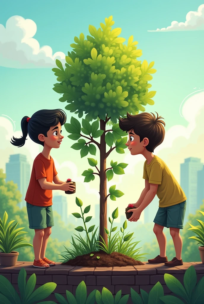 rooftop gardening teenagers girl and boy,
planting tree in bangladesh, animated,