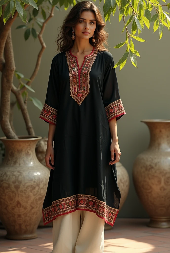 A leady standing in relax position wear a black kurti white heavy print on neck full printed sleeve white pajama pant curly hair brown eyes highlights hair vases background natural light master piece