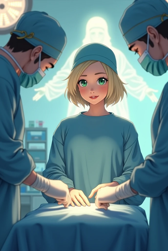 "Create an animated character of a blonde woman, wearing a surgical cap that covers 98% of her short hair, with green eyes and a happy look, using biosecurity masks . She is ALONE in an operating room, performing an operation under the bright lights of the room. Behind her, the figure of Jesus appears, with a soft and protective light, guiding and protecting her in her decisions. The atmosphere is serene and sacred, highlighting an environment of peace and protection."