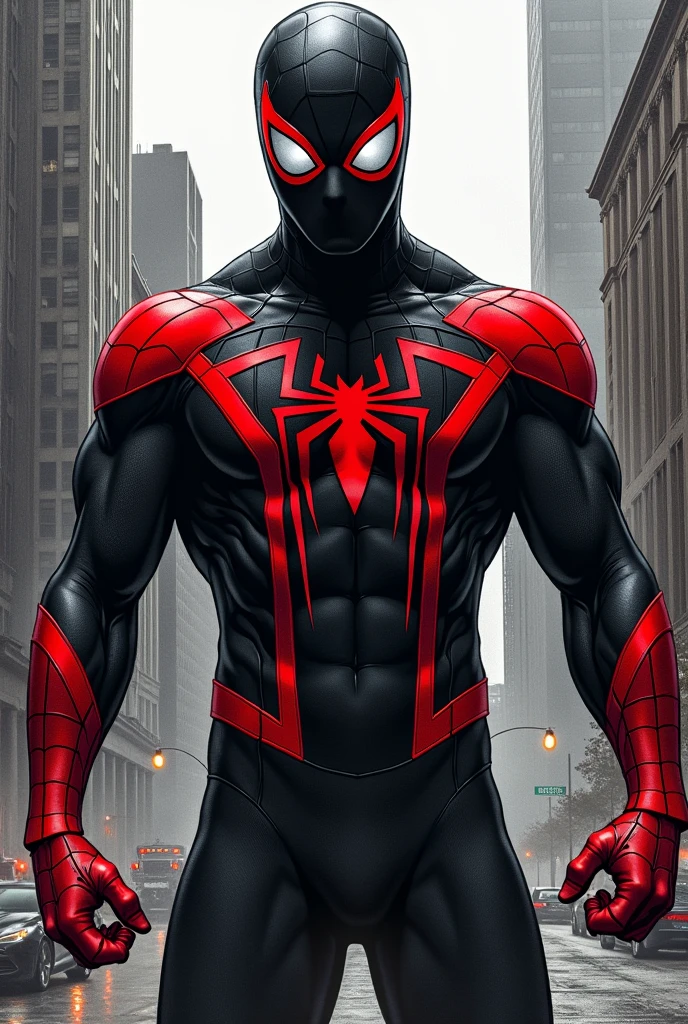 Drawing of Spider-Man with black and red uniform,