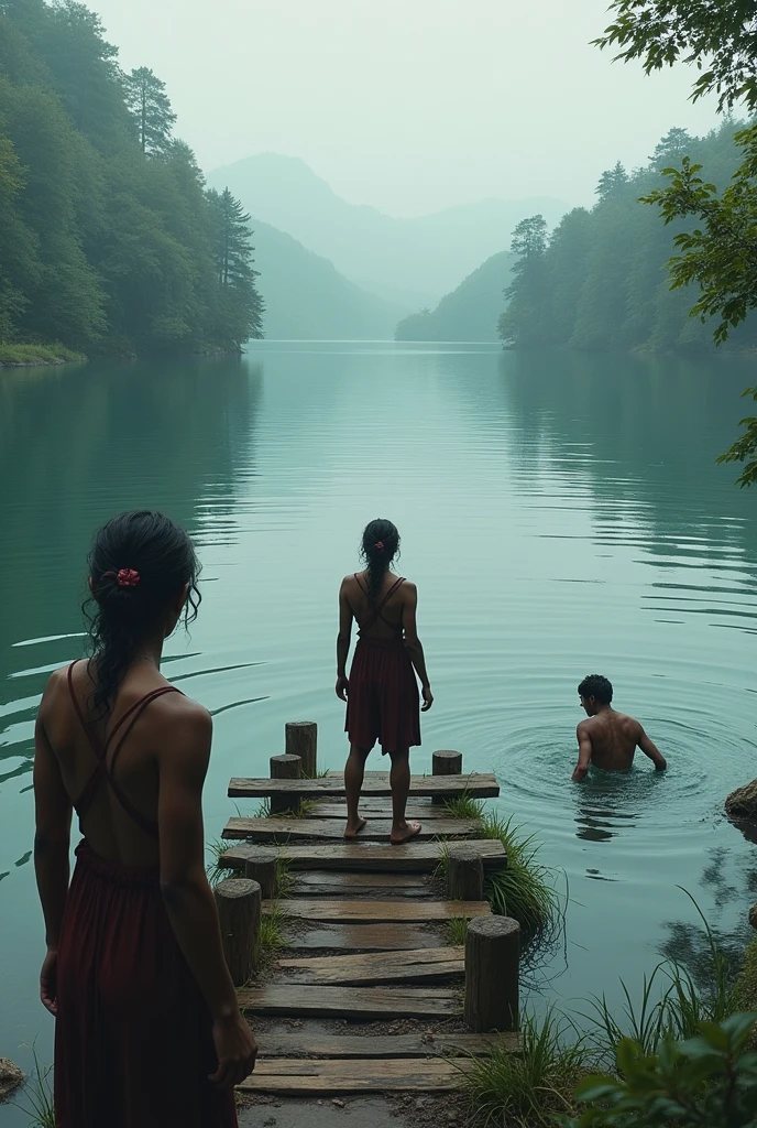 3 people. One looking at a lake that has to be crossed. Another drowning on the side and another who made a wooden bridge across the lake.