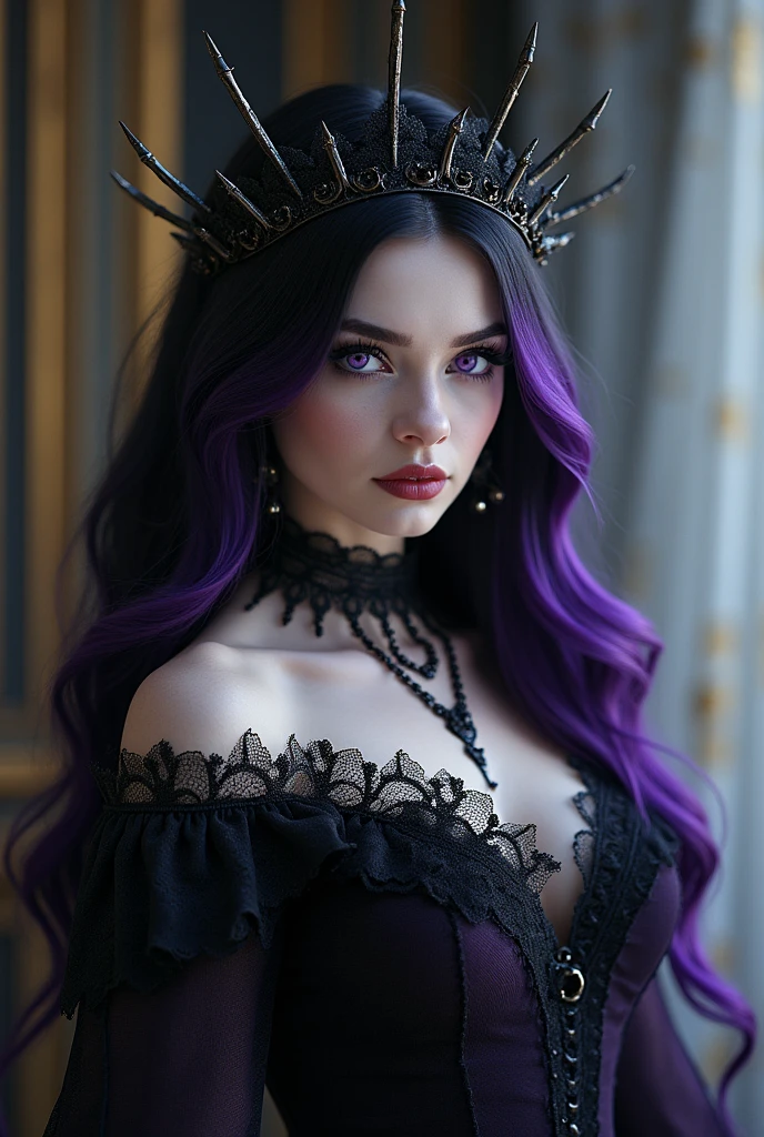  black hair purple and violet highlights in her hair and purple eyes and white skin padia elegant and gothic victorian clothes with a tiara in her hair in thorns