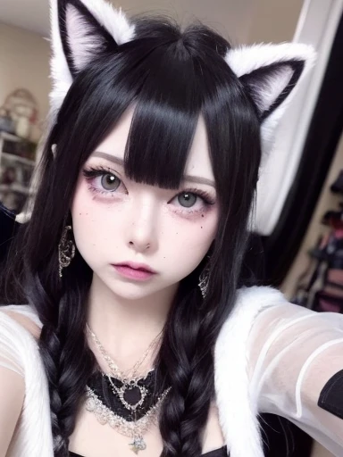 Create a highly detailed and realistic illustration of Catwoman (Cat girl). Characters should have large, expressive eyes,With a little anime style, The freckles on her cheeks, And soft makeup. Her hair should be a mix of dark purple and pink, Slightly messy but charming, Cat ears sticking out from the top. She should wear black punk lace y spaghetti straps ,Wearing a rhinestone necklace. The overall style should combine reality and fantasy.