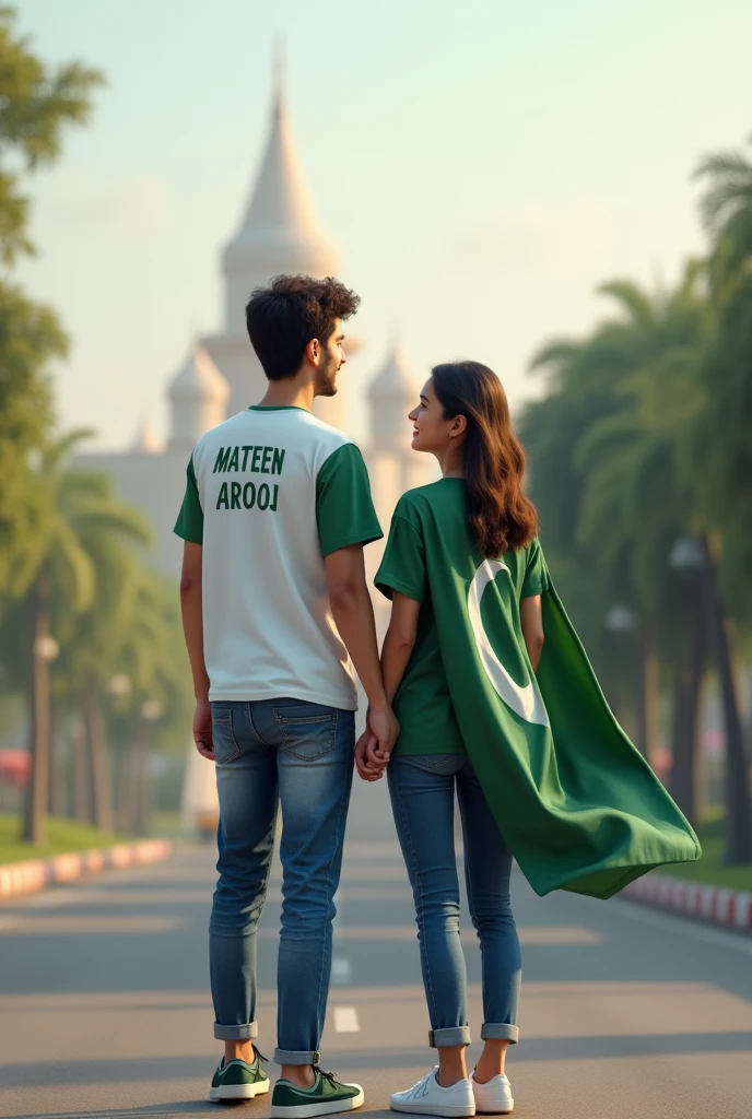 Generate a realistic  20 year old boy, wearing white & Green T shirt and blue  jeans and sneakers and the name "Mateen Ansari" and written on his shirt back side and boy is Standing  on the road with holding Girlfriend and a national flag of Pakistan, and behind him is the Lahore. And Girlfriend name is "Arooj" written on sky"Shirt back side" create realistic image.