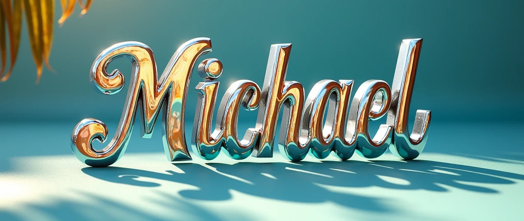 (text:"Michael") The word, in Art Nouveau fancy script text, underlined and embelished, shiny bright polished silver chrome with coloured glass insets, front lit, flowing shapes and flourishes, full sunlight front face view on flat pastel blue silk background, tropical bright reflection, bright highlights, lens flare, logo, badge, emblem, insignia, label, photorealistic, extremely detailed, beautiful, unique, epic, cinematic, sparkling,