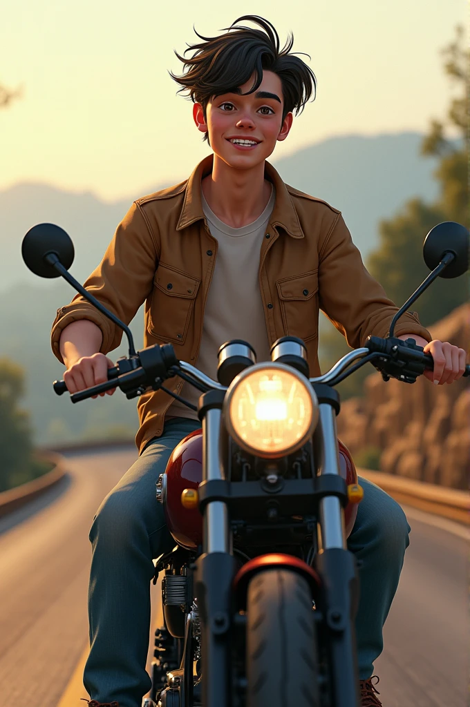 handsome human, later, high, delgado, with braces on a motorcycle with a cute look