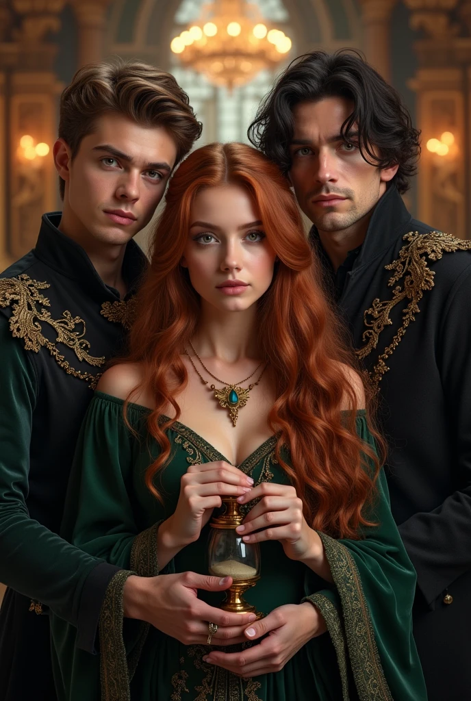 Olena: 20 years old with long reddish-brown hair and hazel eyes. Elegant, fantasy-inspired attire.
Segast: Young man with short brown hair and deep brown eyes. Royal, sophisticated clothing.
Eugan: Slightly older with intense black eyes and dark hair. Dark, elegant clothing suggesting mystery.
Background: Grand palace with magical and mysterious elements.
Lighting and Mood: Dramatic with high contrast to evoke romance and intrigue.
Composition: Olena in the center holding an hour glass, with Segast and Eugan(holding olean's hair )flanking her, showing tension and interaction.