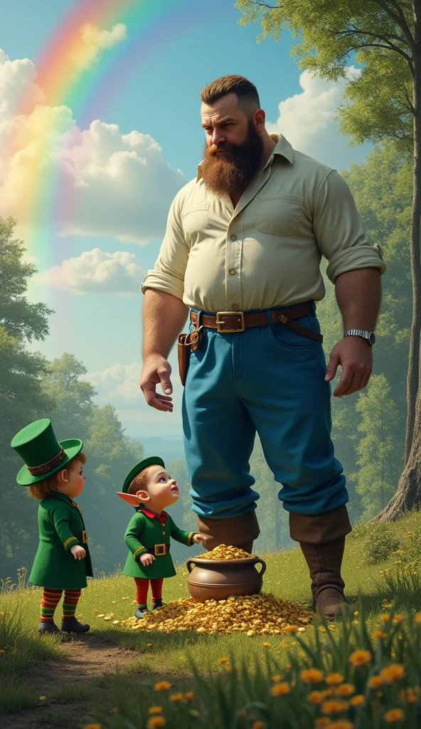 a forest in the background next to a rainbow in the sky and a giant with a white shirt and long blue pants without a hat but with a beard taking a pot of gold from a leprechaun, next to his smaller elf trying to take the gold from the giant