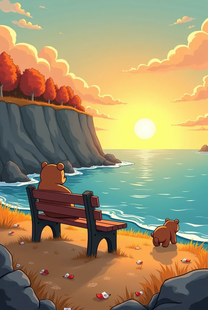 The picture shows a scenery in comic cartoon style. You can see a long cliff, below the reef with water. There is a bench in the middle of the picture, but a little away from the cliff - autumnal sunset - on the bench sits a little chibi bear and looks sadly at the sea. Diagonally behind the bench in the closer distance another bear runs towards the bench