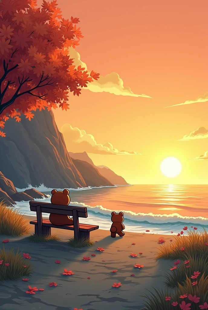 The picture shows a scenery in comic cartoon style. You can see a long cliff, below the reef with water. There is a bench in the middle of the picture, but a little away from the cliff - autumnal sunset - on the bench sits a little chibi bear and looks sadly at the sea. Diagonally behind the bench in the closer distance another bear runs towards the bench