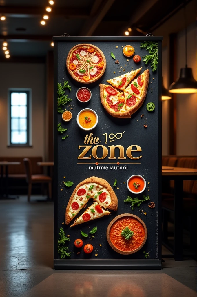 The main flex board design of size 16:9 with "the food zone" as main heading and family restaurant as subheading heading with pizza and Indian cuisine in dark theme in landscape mode