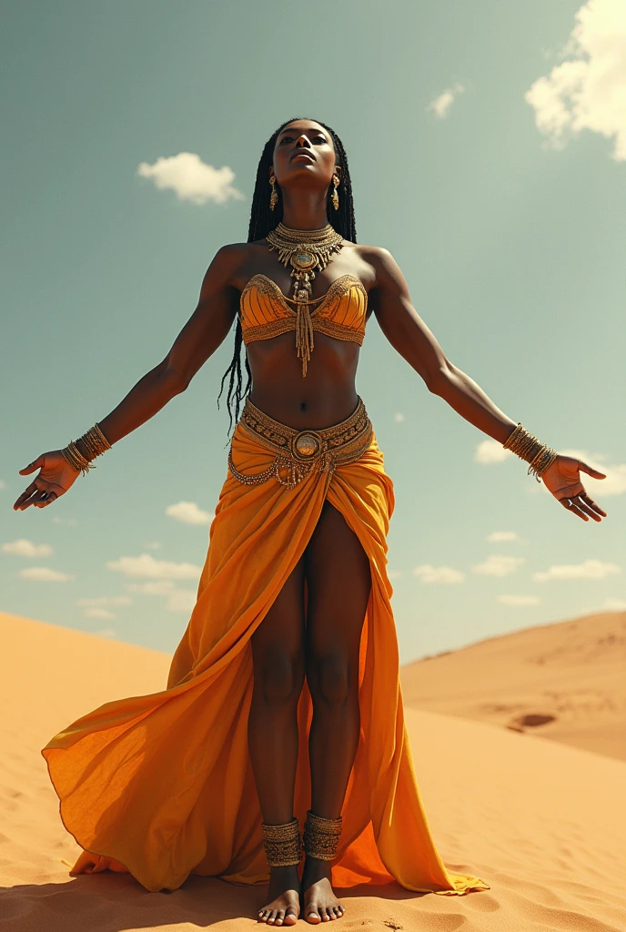 A beautiful young African woman with her arms outstretched towards the sky, desert goddess, incredibly gorgeous, stately and stately, generous, muscular, six pack abs, hair braided in a flowing ponytail, posing nude, ornate jewelry, looking at camera, sandy landscape, fantasy, ethereal, dreamy, dramatic lighting, vibrant colors, exquisite details, (highest quality, 4k, 8k, high resolution, masterpiece:1.2), ultra detailed, (realistic, photorealistic, photorealistic:1.37), vibrant colors, HDR, studio lighting, physically based rendering, concept art