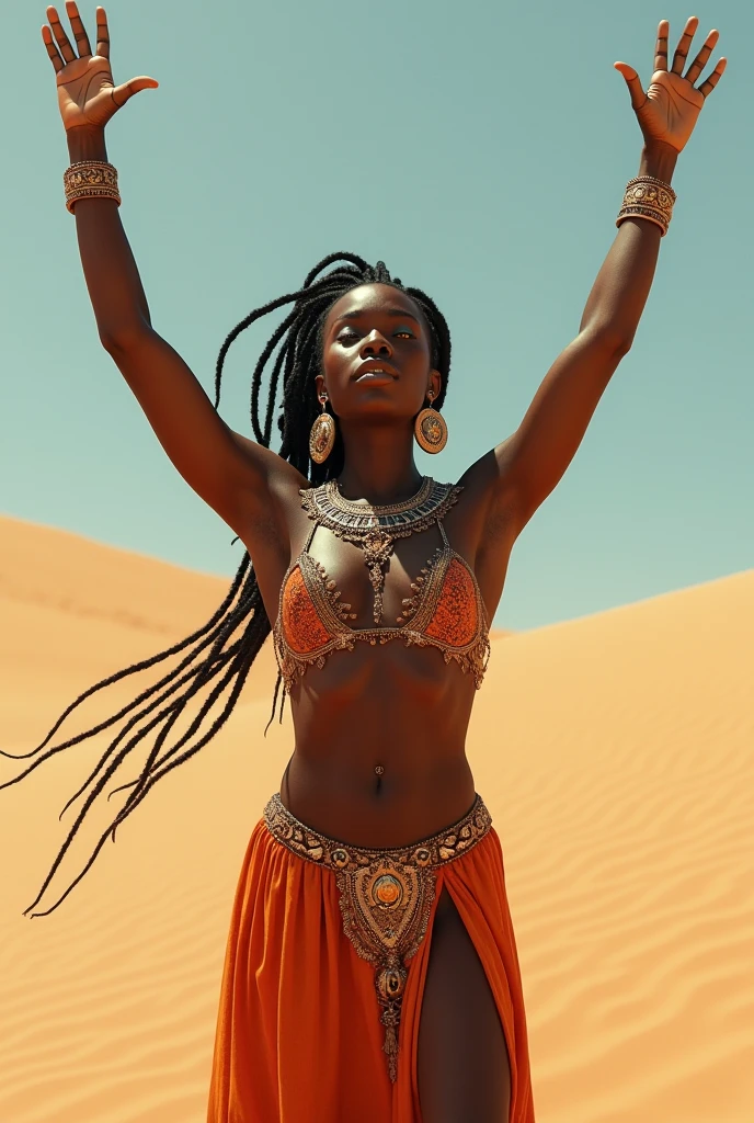 A beautiful young African woman with her arms outstretched towards the sky, desert goddess, incredibly gorgeous, stately and stately, generous, muscular, six pack abs, hair braided in a flowing ponytail, posing nude, ornate jewelry, looking at camera, sandy landscape, fantasy, ethereal, dreamy, dramatic lighting, vibrant colors, exquisite details, (highest quality, 4k, 8k, high resolution, masterpiece:1.2), ultra detailed, (realistic, photorealistic, photorealistic:1.37), vibrant colors, HDR, studio lighting, physically based rendering, concept art
