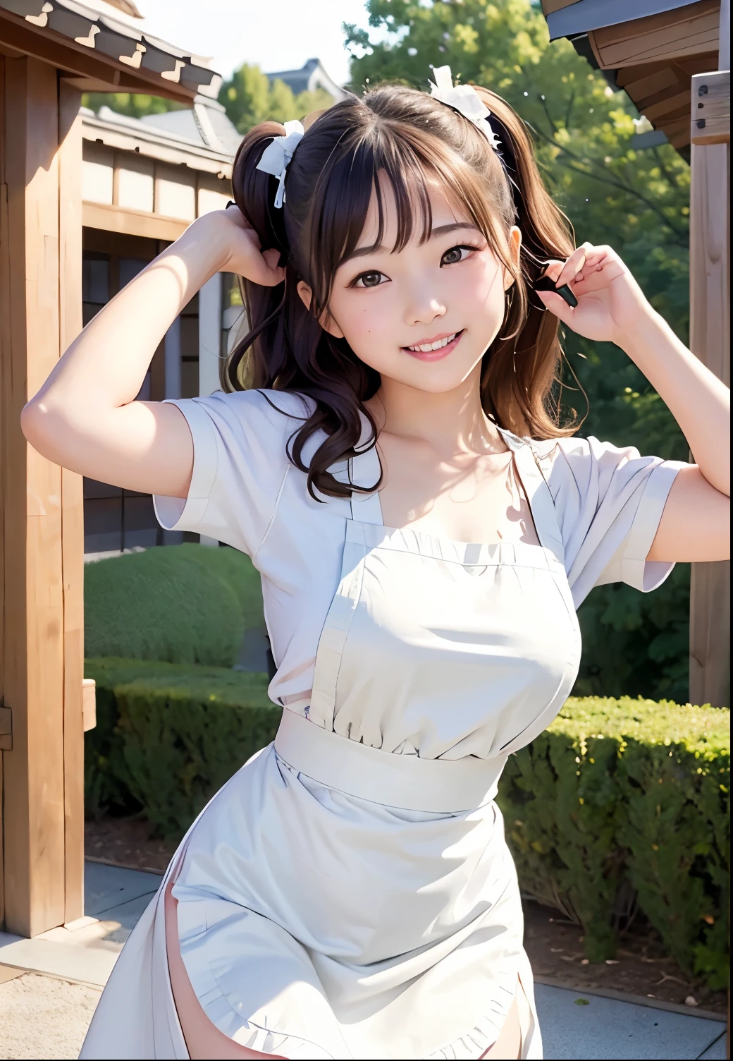 (Highest quality,masterpiece:1.3,Ultra-high resolution),(Very detailed、Caustics) (Realistic:1.4, RAW shooting、)Ultra-Realistic Capture、Very detailed、Natural skin texture、masterpiece、(A Japanese girl wearing a white apron:1.3)、(Naked under the apron)、Adorable expression、Expressions of happiness、10 years old、heigby Face、Pure girl、Amazinglyn tail hairly Hair、Ribbon tie、Black Hair、Large Breasts、Shining thighs、Shining ass、Shooting on the main street of a tourist spot、Summer early morning、Background details、smile、An inviting gaze、(Anatomically correct)、Cowboy Shot、Attention to detail、